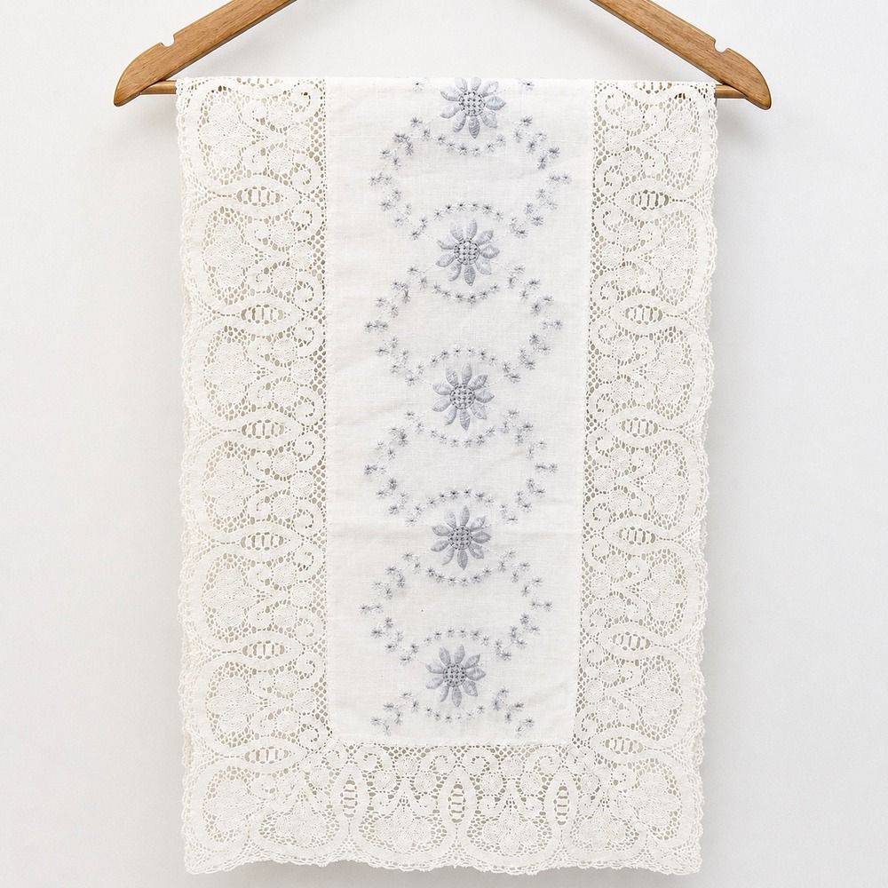 Vintage Floral Embroidered Lace Table Runner Cream Blue White Scalloped 36in